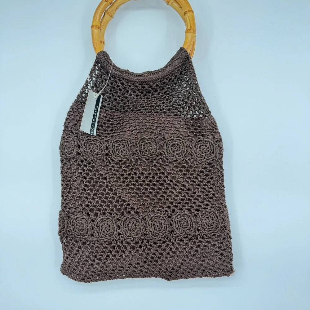 Kmart VTG NEW Crochet Handbag Bamboo Handle Brown Floral Boho Beachy Artisan